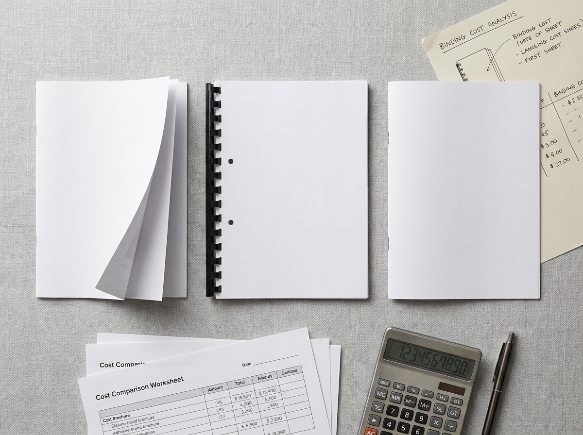 composition vue de dessus de trois brochures imprimées avec différentes reliures disposées avec documents de coûts et calculatrice