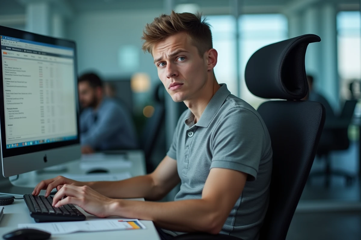 Jeune comptable confus devant plusieurs écrans affichant des calculs de paie contradictoires