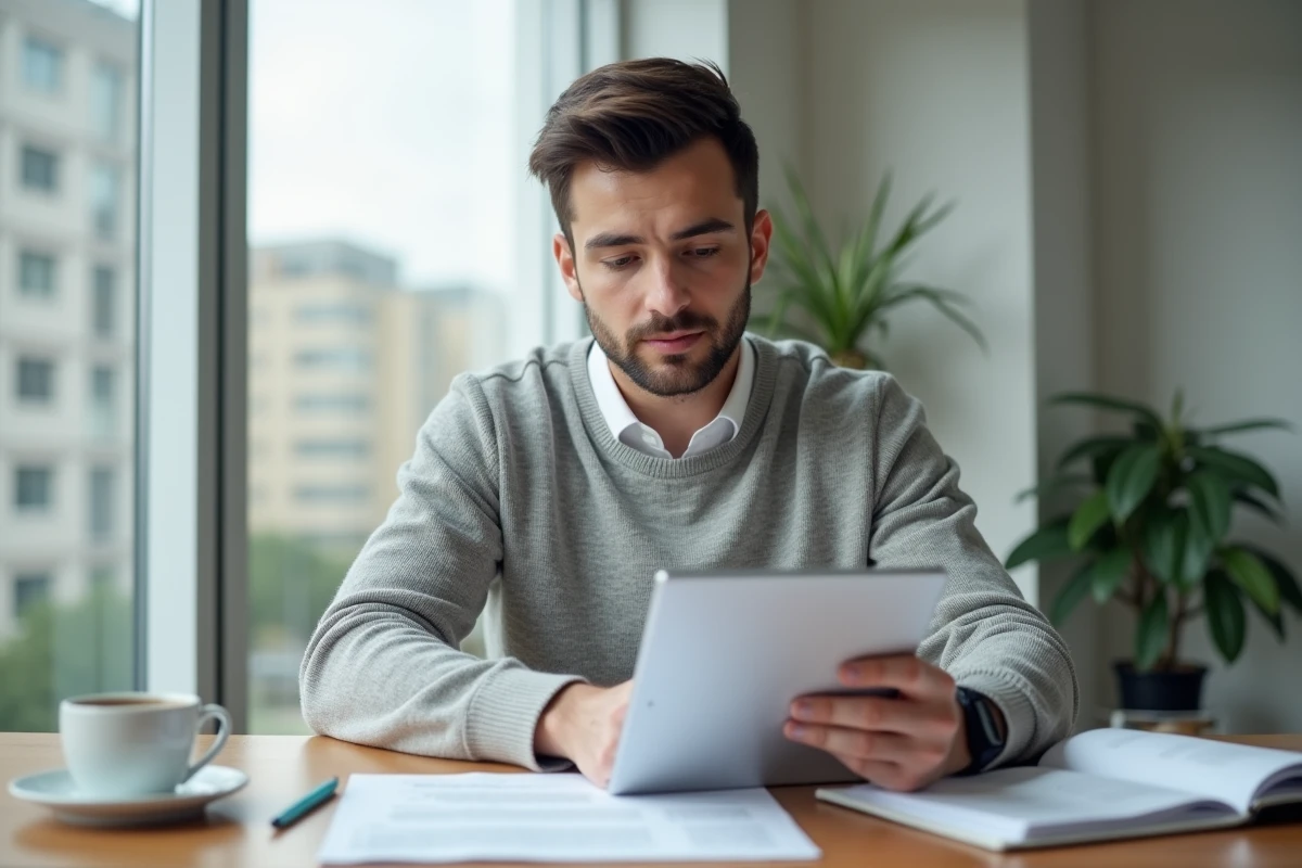 Comptable homme consultant tablette et contrat à son bureau lumineux avec fenêtres, comparant informations numériques et papier