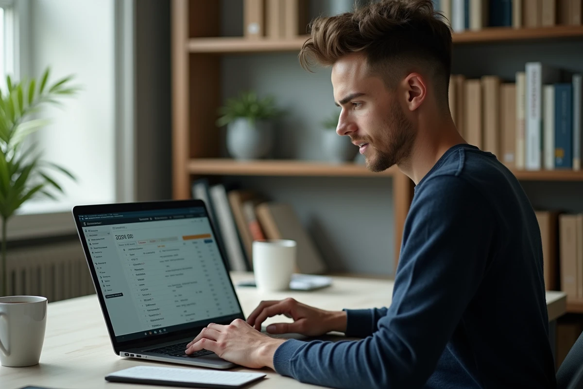 Comptable de PME travaillant sur un logiciel de comptabilité structurée depuis un bureau à domicile organisé