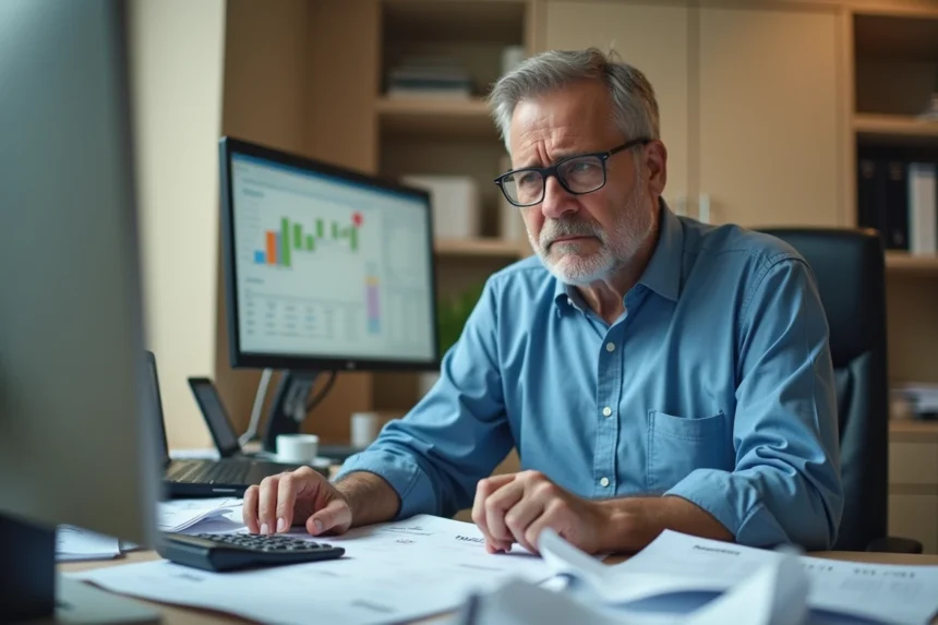 comptable stressé entouré de documents de paie désorganisés et de calculatrices sur un bureau encombré, illustrant les difficultés de la gestion manuelle de la paie