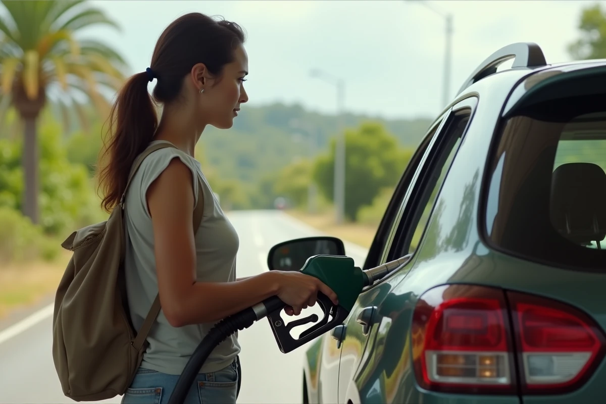 Femme vérifiant le niveau de carburant d'une voiture de location à une station-service à La Réunion selon la condition plein-plein