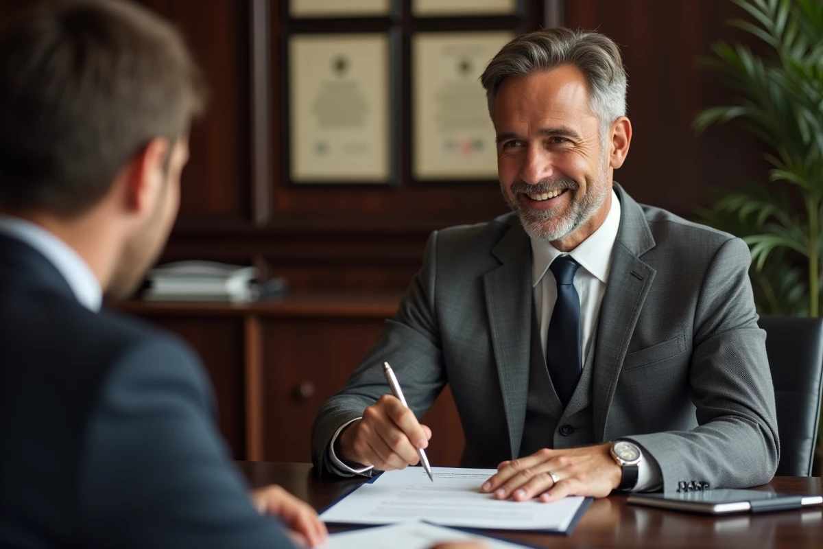 Conseiller en assurance présentant les garanties d'un contrat de prévoyance à un client en agence