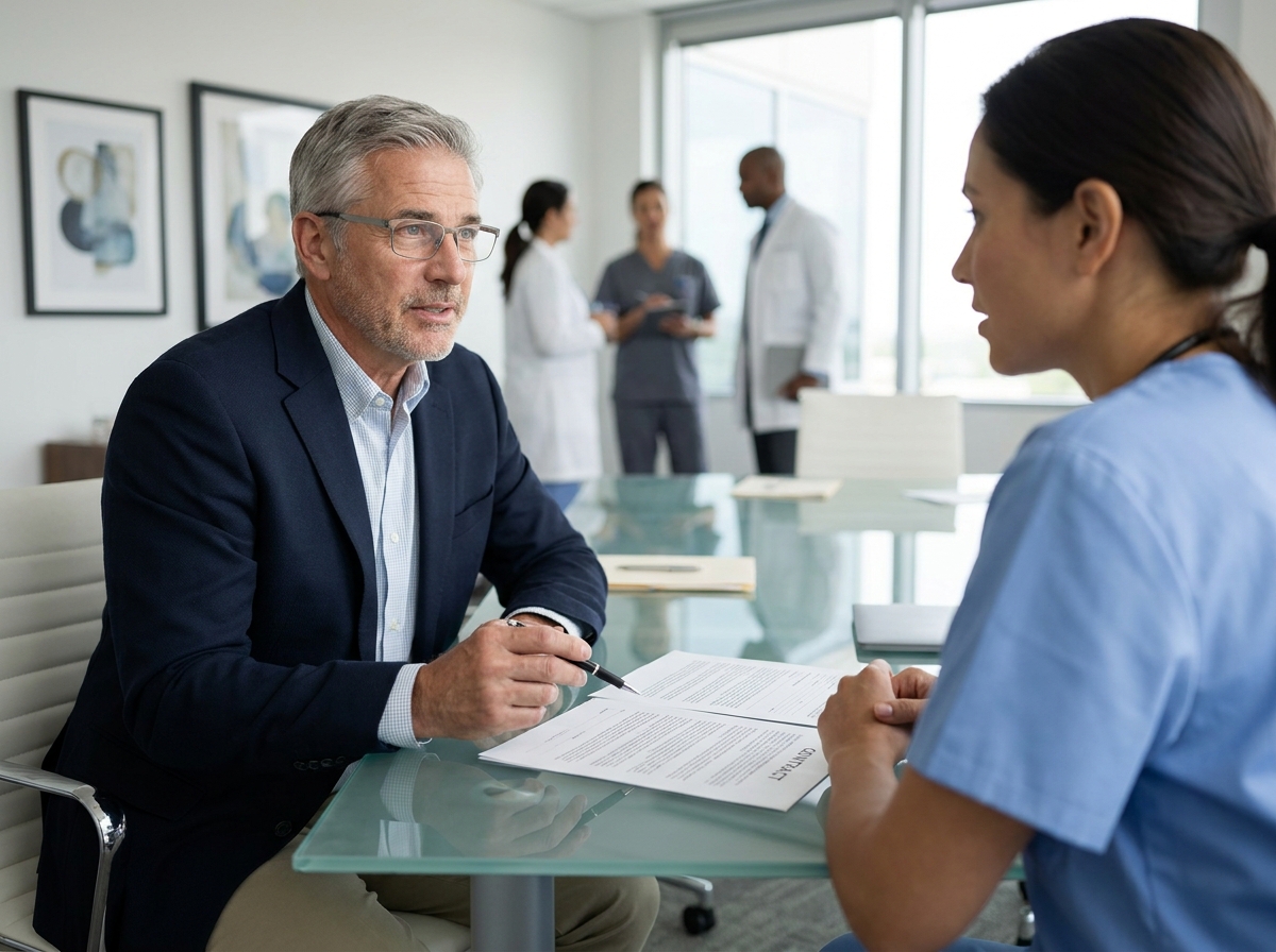 Conseiller en assurance expliquant les clauses essentielles d'un contrat de responsabilité civile professionnelle médicale en réunion