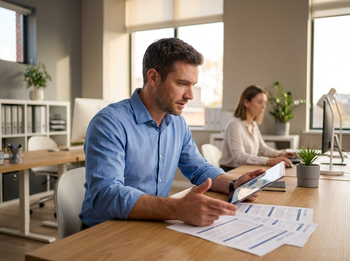 Conseiller en assurance consultant documents et tablette numérique pour gestion clients avec CRM