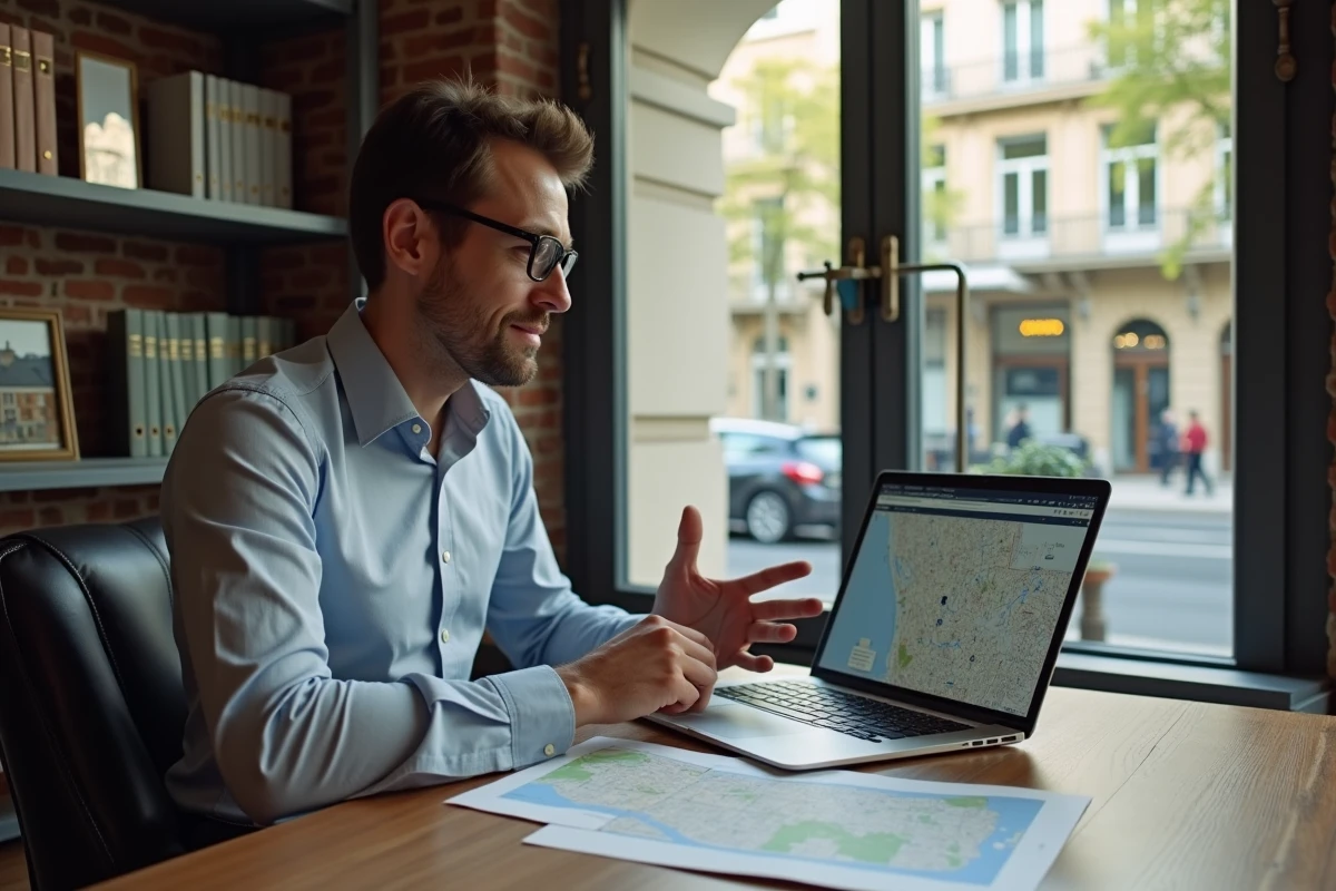 Conseiller immobilier analysant des annonces de biens locatifs parisiens dans une agence