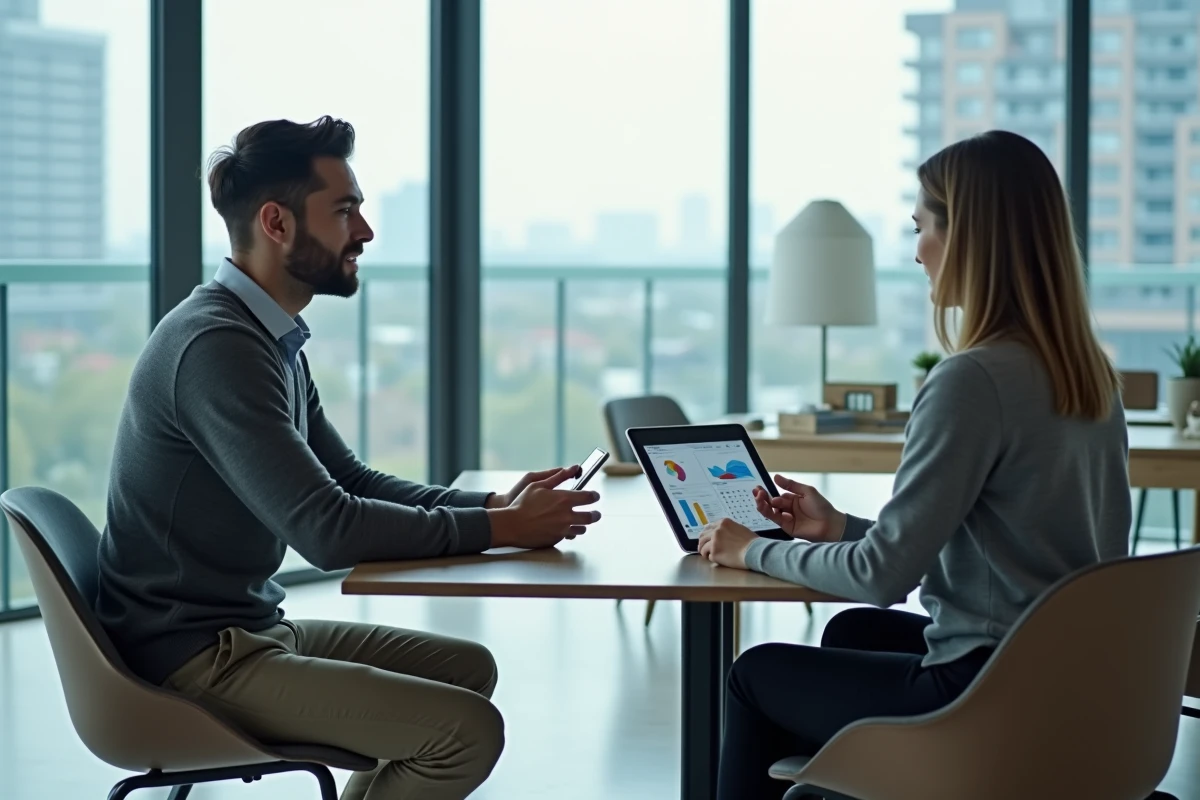 Jeune investisseur consultant un conseiller immobilier avec une tablette dans une agence moderne, accompagnement personnalisé ImAvenir