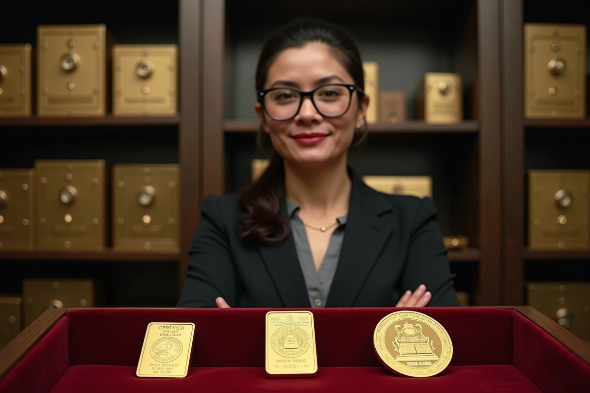 conseillère financière présentant pièces et lingots d'or, diversification portefeuille investissement 2026