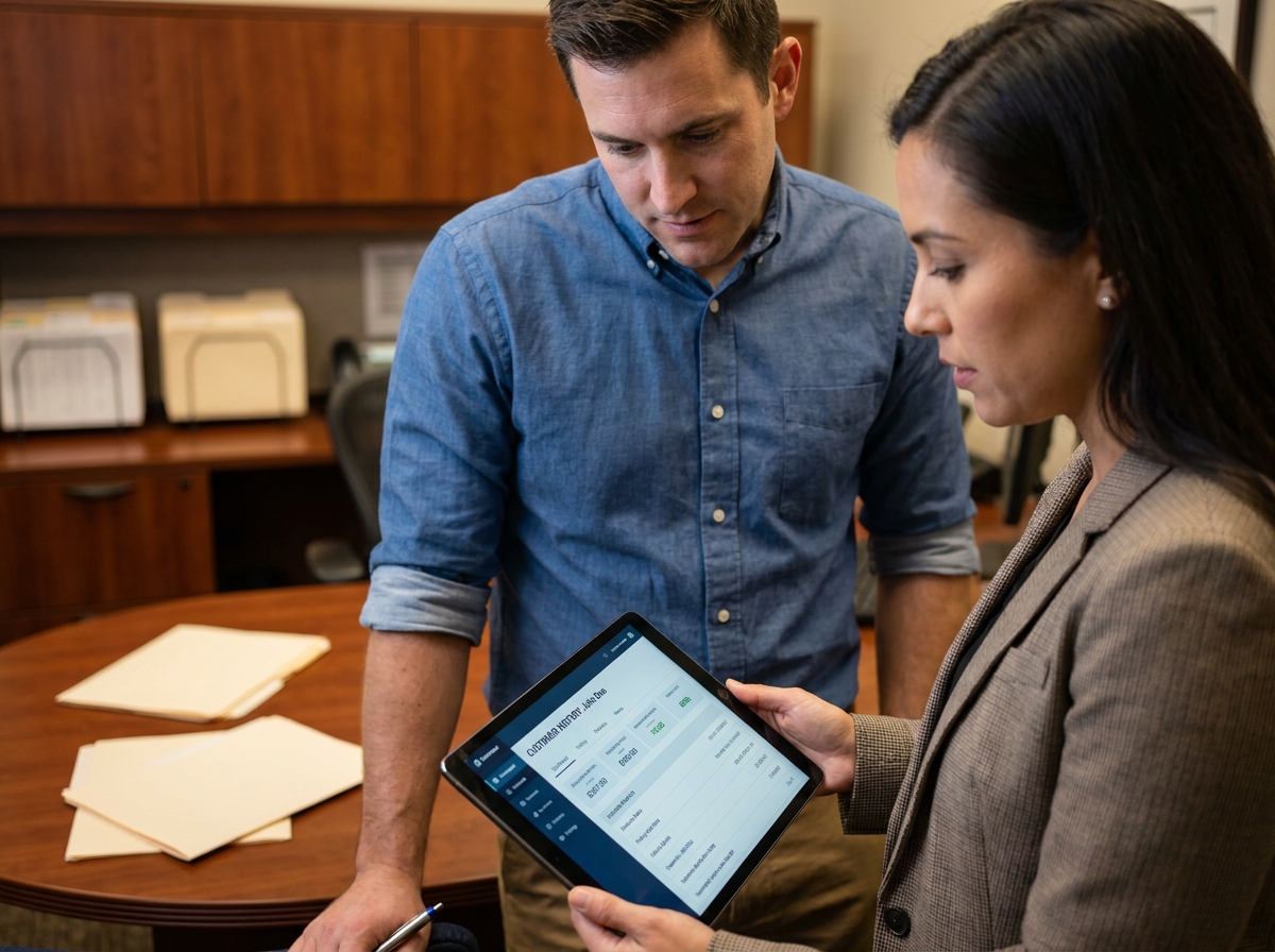 Deux conseillers d'assurance consultant un CRM sur tablette pour optimiser le service client