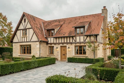 Maison individuelle de style normand avec colombages et toiture en tuiles, entourée d'un jardin paysagé en Normandie