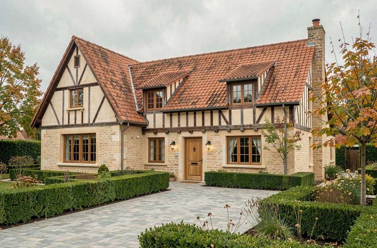Maison individuelle de style normand avec colombages et toiture en tuiles, entourée d'un jardin paysagé en Normandie