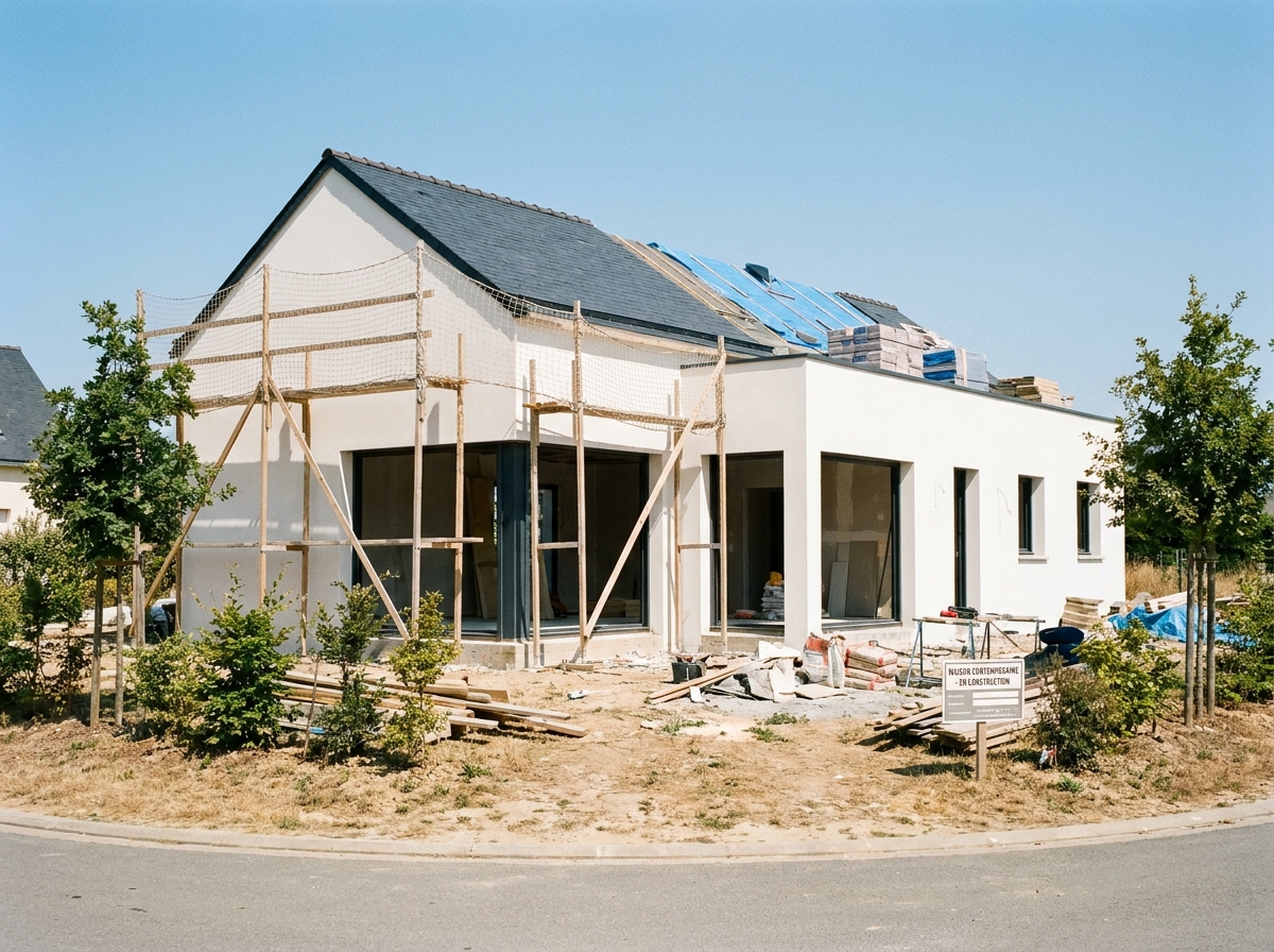 Maison moderne en construction à Saint-Grégoire avec murs blancs, grandes fenêtres et toiture d'ardoise en chantier