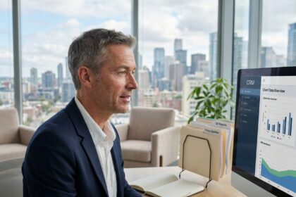 Expert en assurance consultant des données CRM sur son ordinateur au bureau moderne avec vue sur la ville