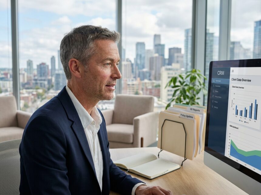 Expert en assurance consultant des données CRM sur son ordinateur au bureau moderne avec vue sur la ville