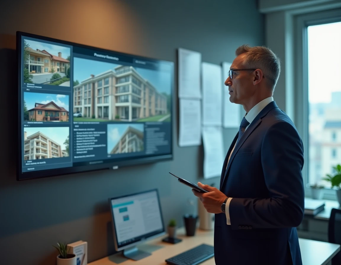 Consultant en gestion immobilière surveillant la conformité réglementaire de plusieurs propriétés via écran numérique