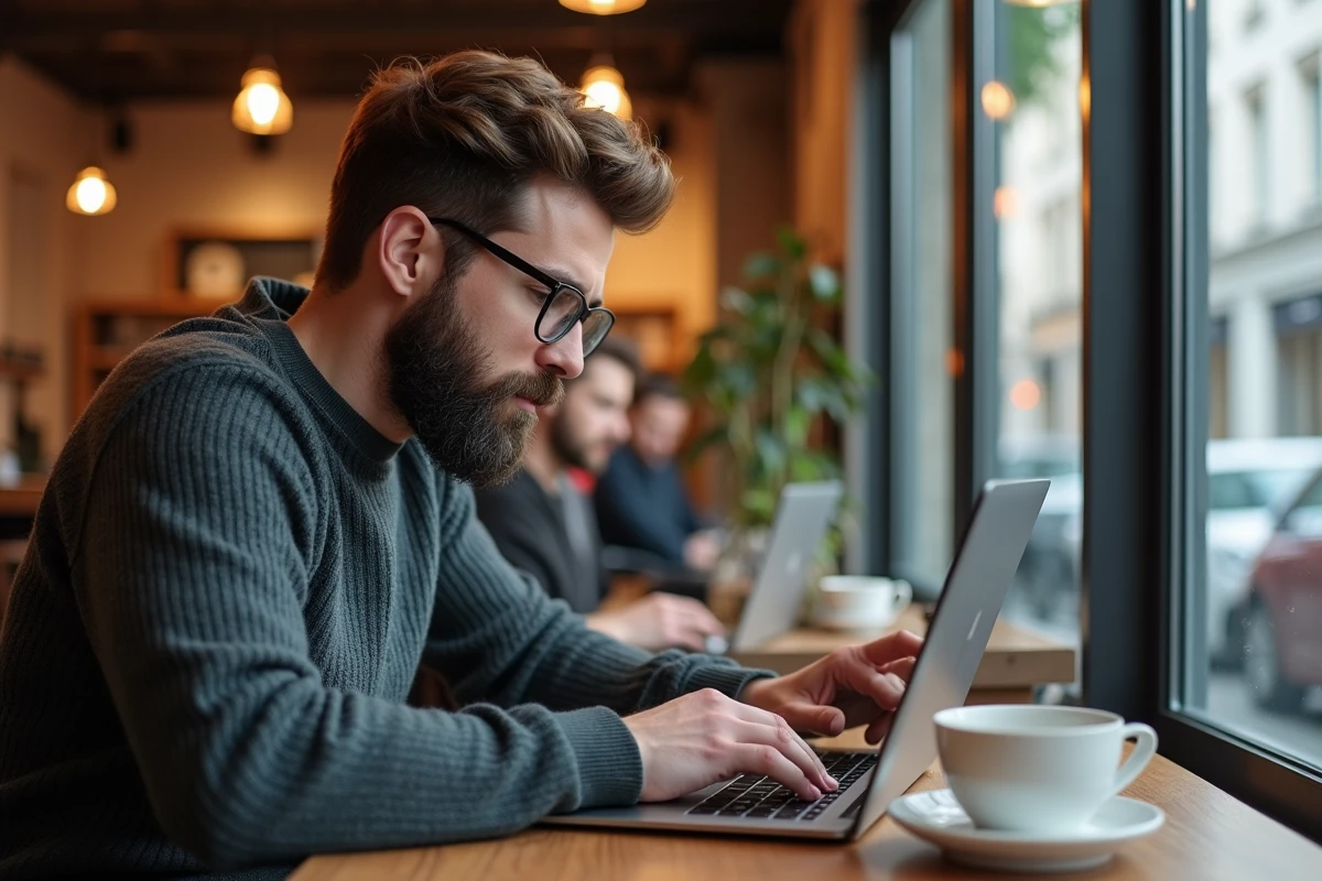 Consultant en référencement naturel travaillant dans un café de Rennes sur optimisation SEO