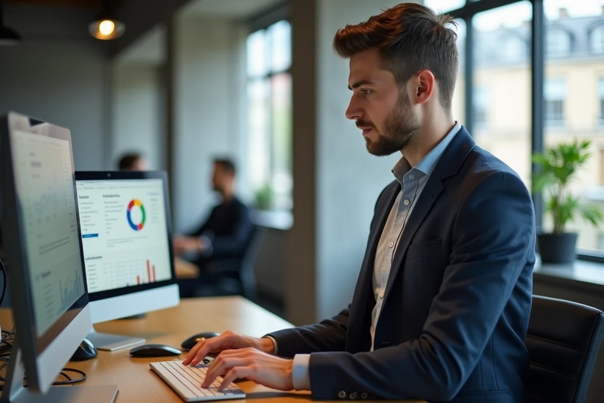 jeune consultant SEO analysant les outils de référencement dans un coworking Rennes