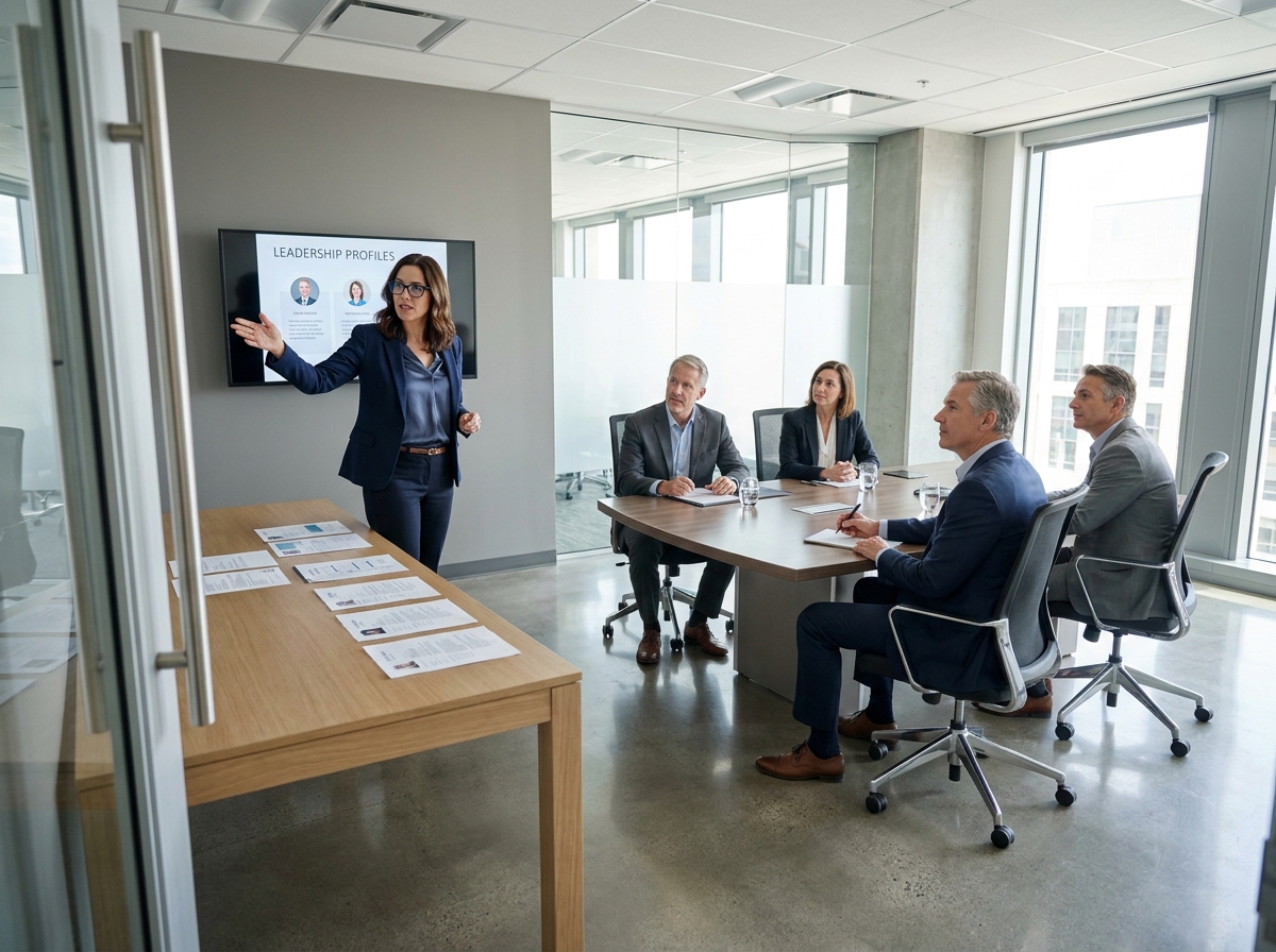 Consultante en recrutement direction générale présentant les profils de dirigeants à un comité de sélection en réunion de table de conférence