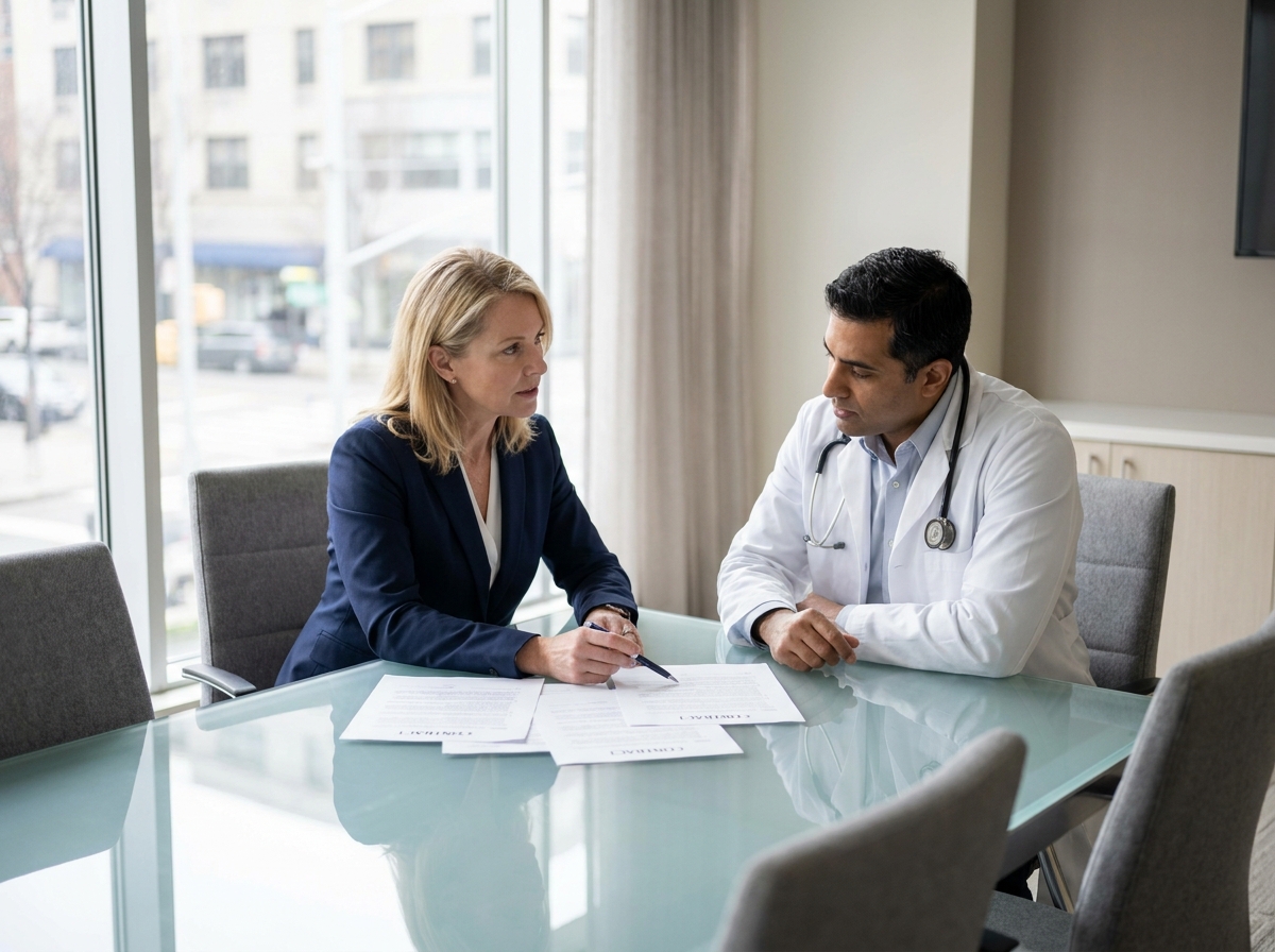 Avocat spécialisé en assurance médicale discutant des clauses d'un contrat de responsabilité civile avec un professionnel de santé
