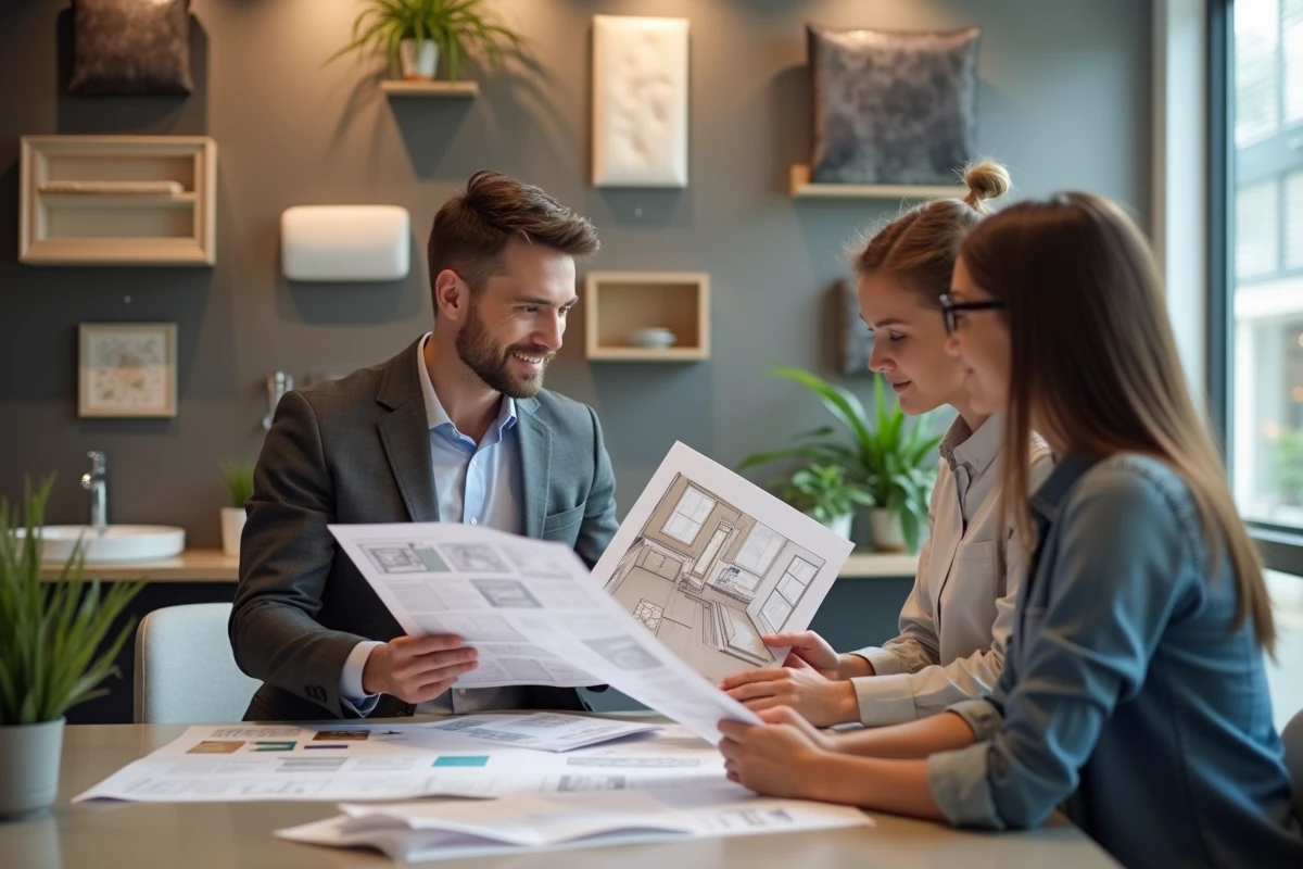 conseiller salle de bain présentant devis et matériaux de rénovation à des clients