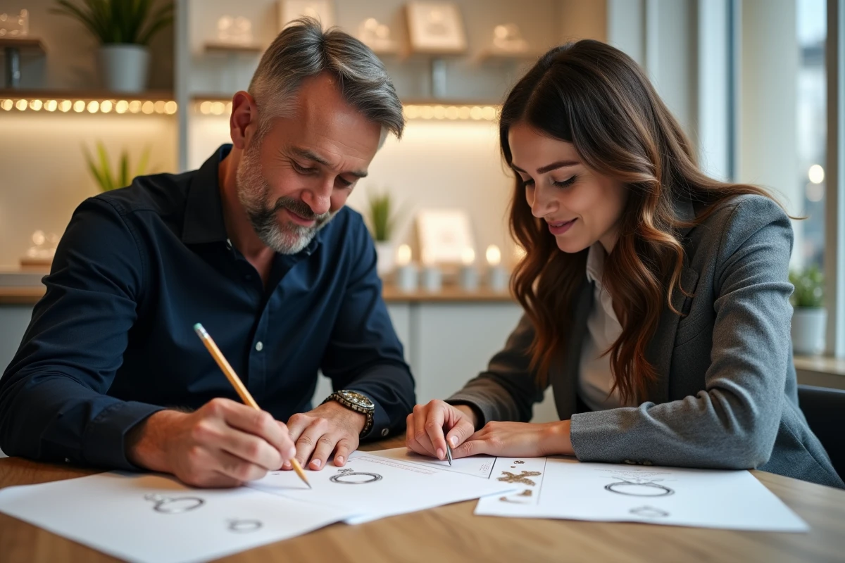Joaillier et cliente en consultation autour de croquis de design pour une bague de fiançailles personnalisée