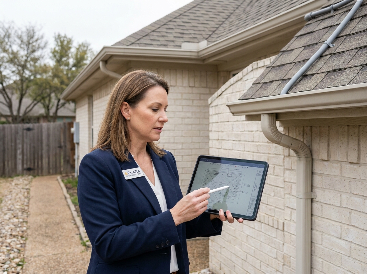 Consultante en énergie solaire analysant les critères d'installation de panneaux photovoltaïques sur une maison résidentielle