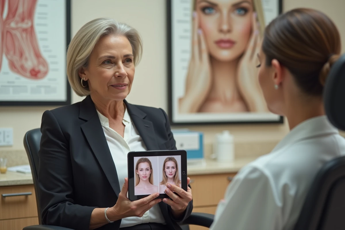 Femme consultant des options de rajeunissement en cabinet dermatologique, comparant les approches esthétiques non-chirurgicales