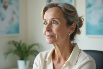 Femme d'âge moyen en consultation esthétique, expression réfléchie, cabinet médical moderne