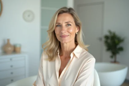 Portrait d'une femme de 50 ans en consultation esthétique, montrant les signes naturels du vieillissement cutané avant traitement