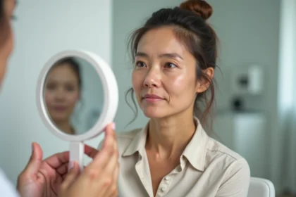 Femme d'âge moyen en consultation esthétique examinant son reflet dans un miroir avec expression réfléchie