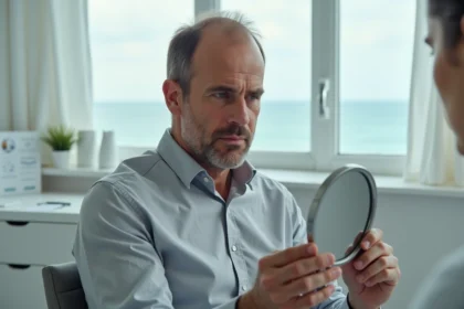 Homme de 42 ans examinant sa perte de cheveux lors d'une consultation capillaire à Toulon