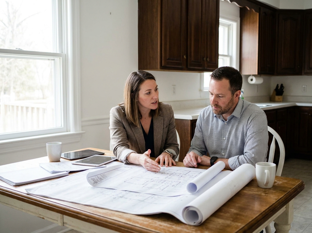 Consultant solaire discutant des plans d'installation de panneaux photovoltaïques avec une propriétaire dans sa cuisine
