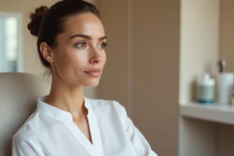 Portrait de femme de profil montrant l'harmonie du menton et de la structure faciale en consultation d'esthétique