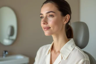 Femme aux traits méditerranéens examinant son profil au miroir en clinique dermatologique pour consulter sur l'harmonie du visage et la profiloplastie du menton