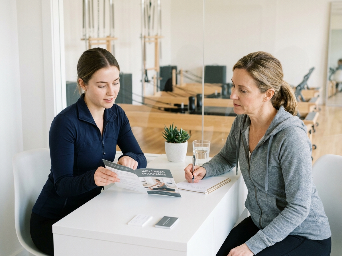 Deux femmes en discussion lors d'une consultation dans un studio de pilates pour poser les bonnes questions avant l'inscription