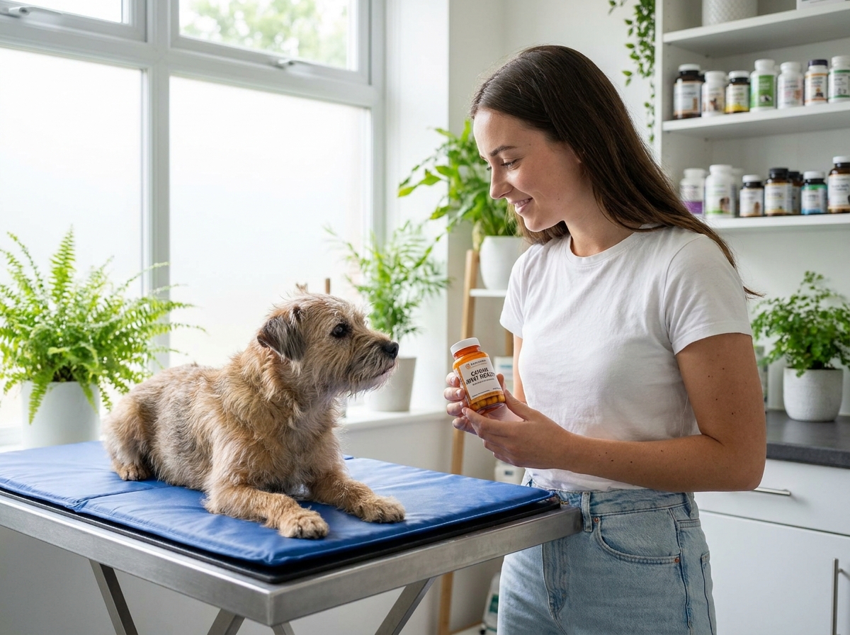 Jeune femme consultant vétérinaire avec complément alimentaire pour son petit chien vieillissant