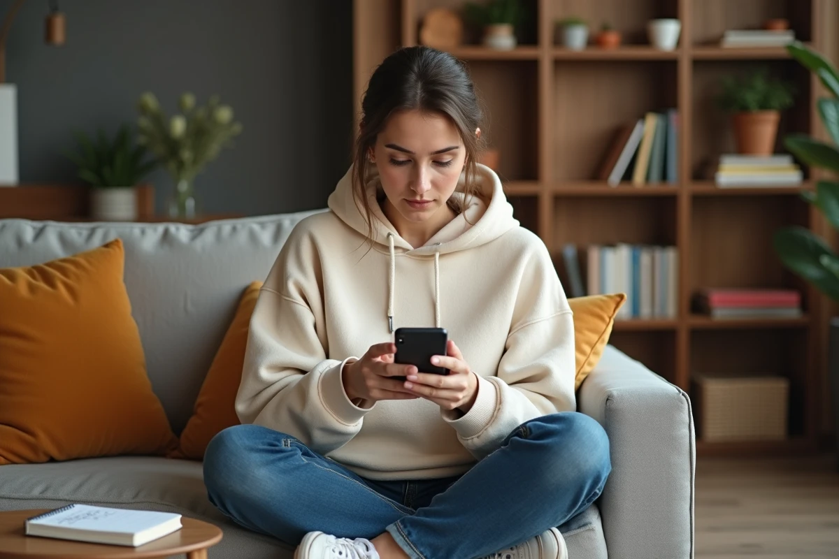 Femme consultant les avis clients d'une mutuelle santé sur son smartphone