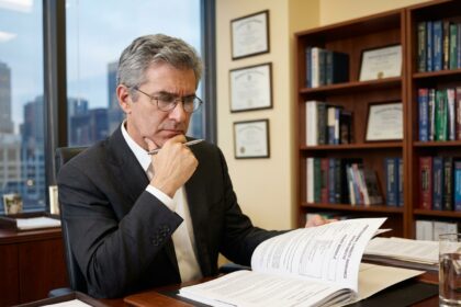 Médecin parcourant un contrat d'assurance responsabilité civile professionnelle à son bureau dans son cabinet médical