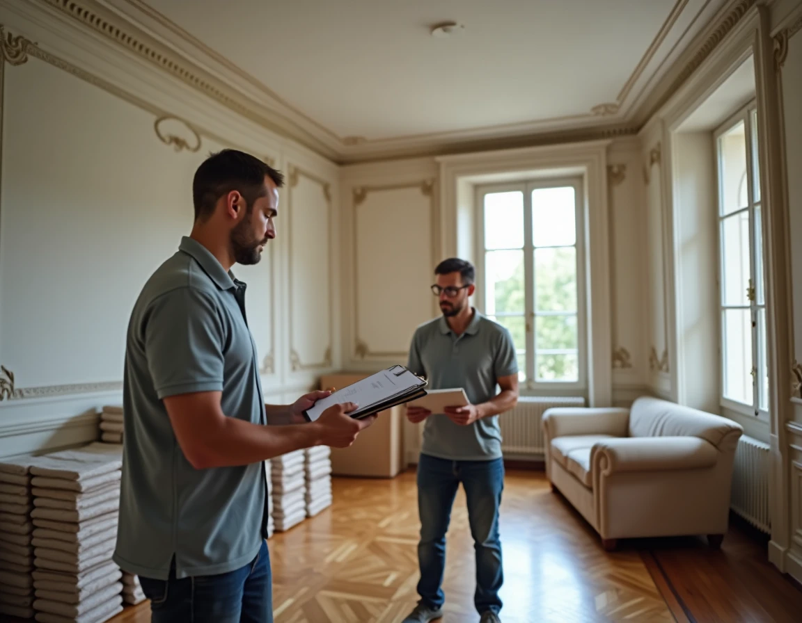 Coordinateur de déménagement professionnel supervisant le placement méthodique des meubles dans un appartement haussmannien de Neuilly