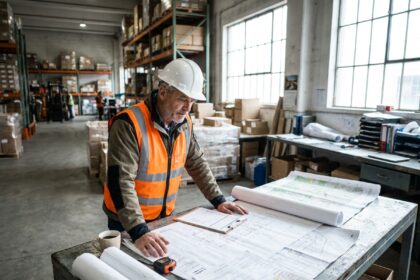 Coordinateur logistique examinant les plans et permis pour un transport exceptionnel dans un bureau d'entrepôt industriel