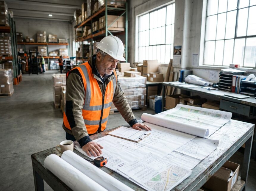 Coordinateur logistique examinant les plans et permis pour un transport exceptionnel dans un bureau d'entrepôt industriel