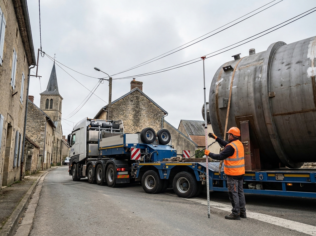 Coordonnateur de trafic mesurant les dégagements d'un convoi exceptionnel en zone urbaine avec lignes électriques et bâtiments anciens