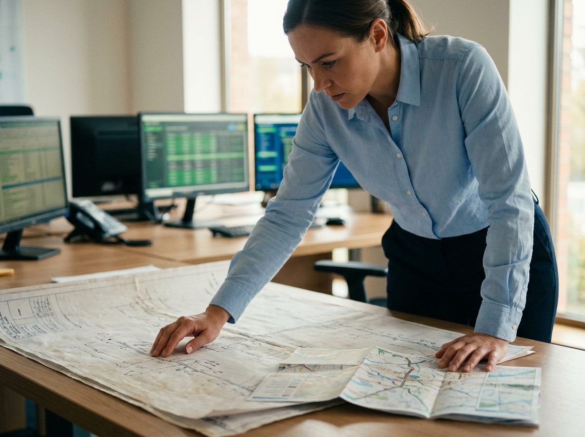 Coordinatrice transport planifiant un transport exceptionnel avec plans de route et documentation légale en bureau