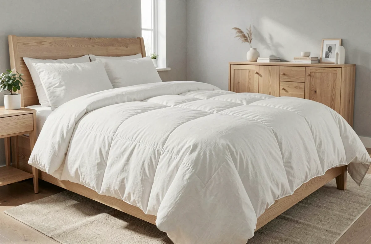 Couette quatre saisons épaisse et moelleuse sur un lit bien fait dans une chambre de style scandinave aux tons clairs