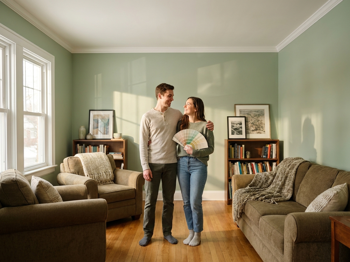 Couple admirant ensemble les murs de leur salon repeints en couleur sage green pour transformer l'ambiance de la pièce