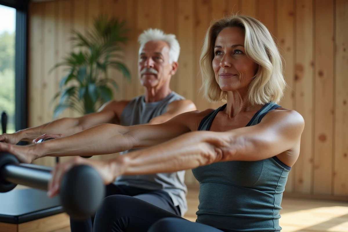 Couple senior pratiquant le pilates sur reformer en studio professionnel
