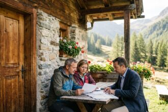 Couple examinant des documents immobiliers devant un chalet montagnard avec un agent immobilier local