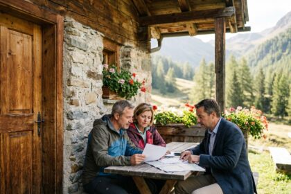 Couple examinant des documents immobiliers devant un chalet montagnard avec un agent immobilier local
