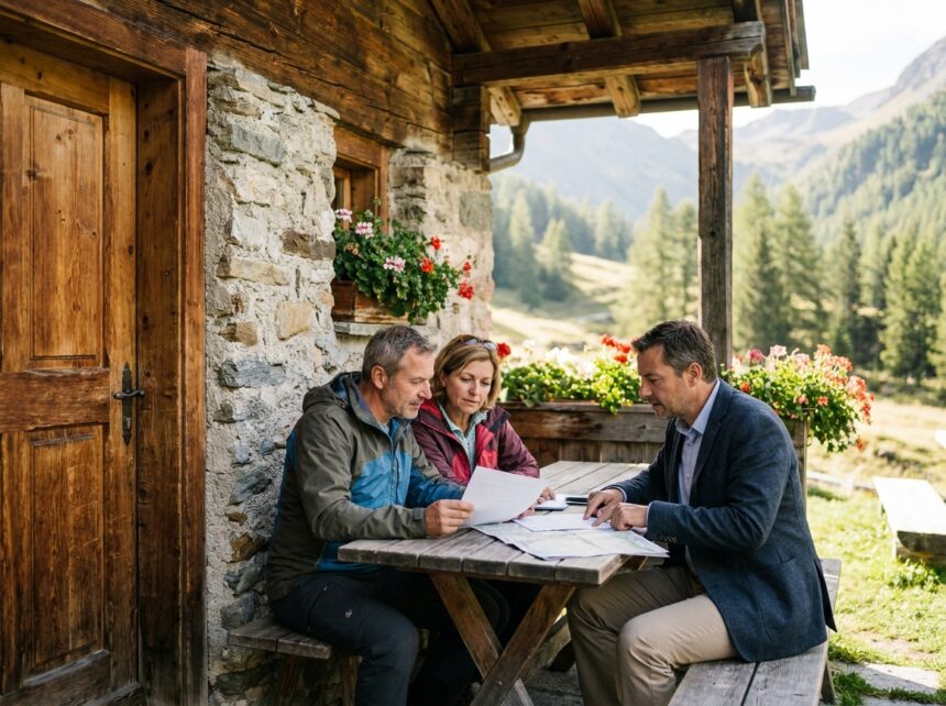 Couple examinant des documents immobiliers devant un chalet montagnard avec un agent immobilier local
