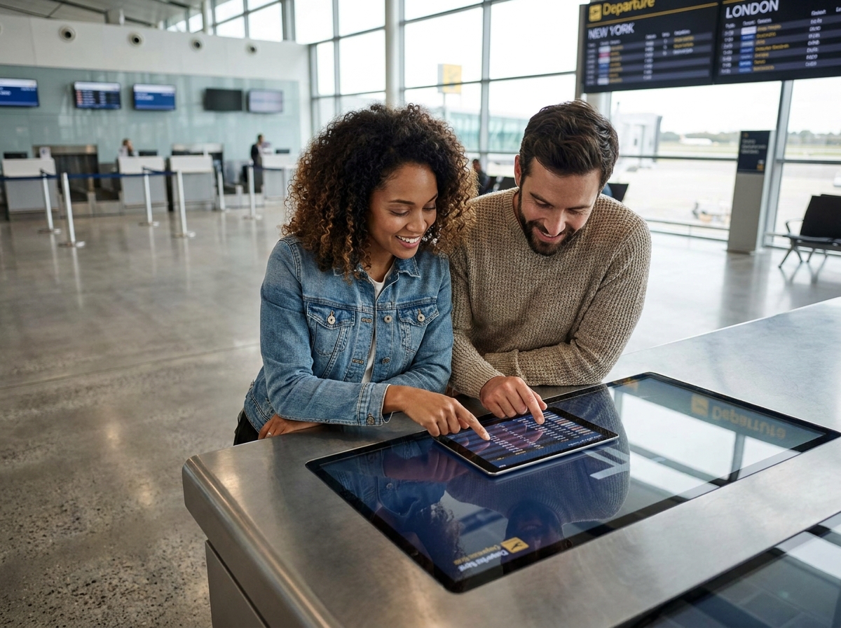 couple consulte les tarifs aériens réduits sur tablette à l'aéroport pour économiser sur l'achat de billets